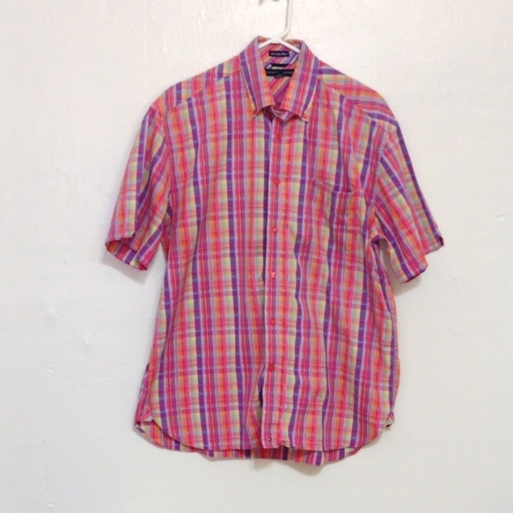 Tommy Hilfiger Pink Plaid 80s Two Ply Fabric Button Front Shirt Size L